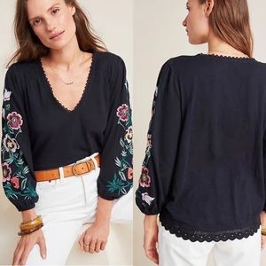 Anthropologie Embroidered Black Peasant Blouse